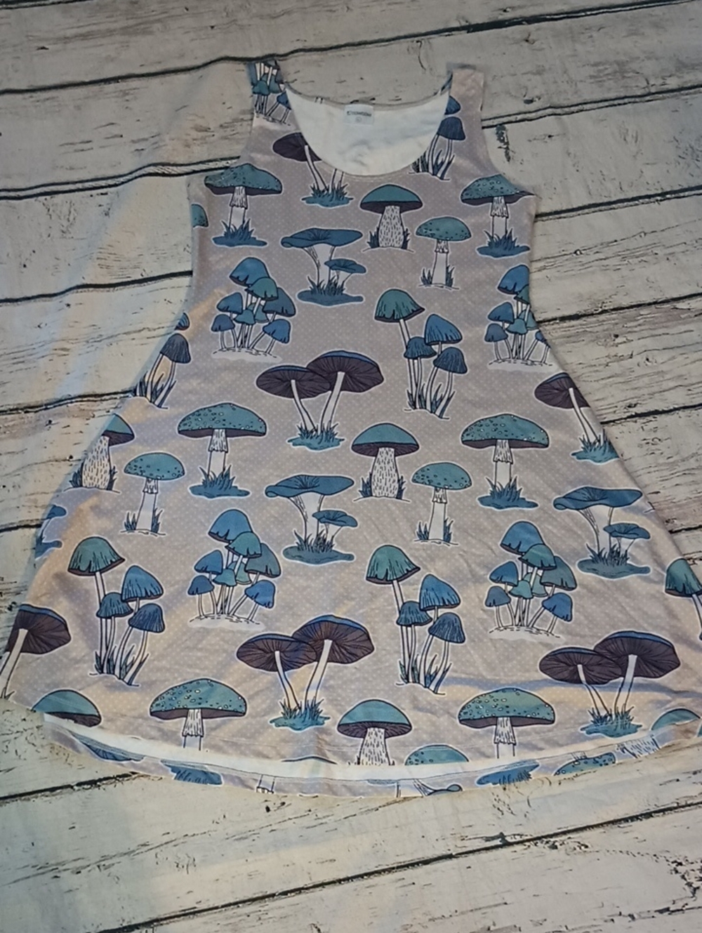 Cowcow Blue Tan Mushroom Print Aline Tank Dress XL